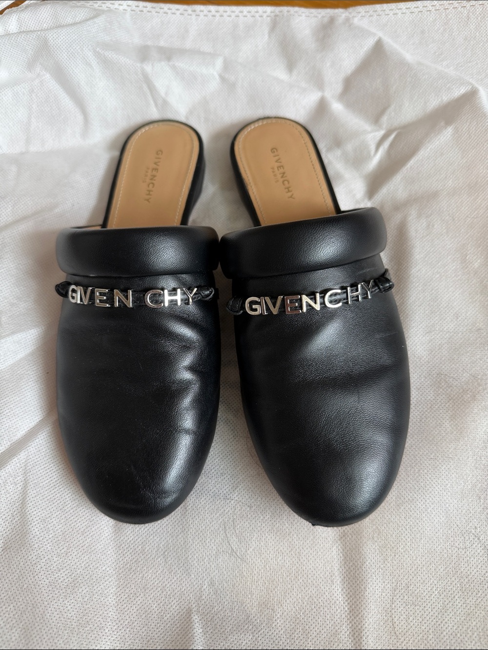 Givenchy Black Leather Logo-Chain Mules Size 36.5